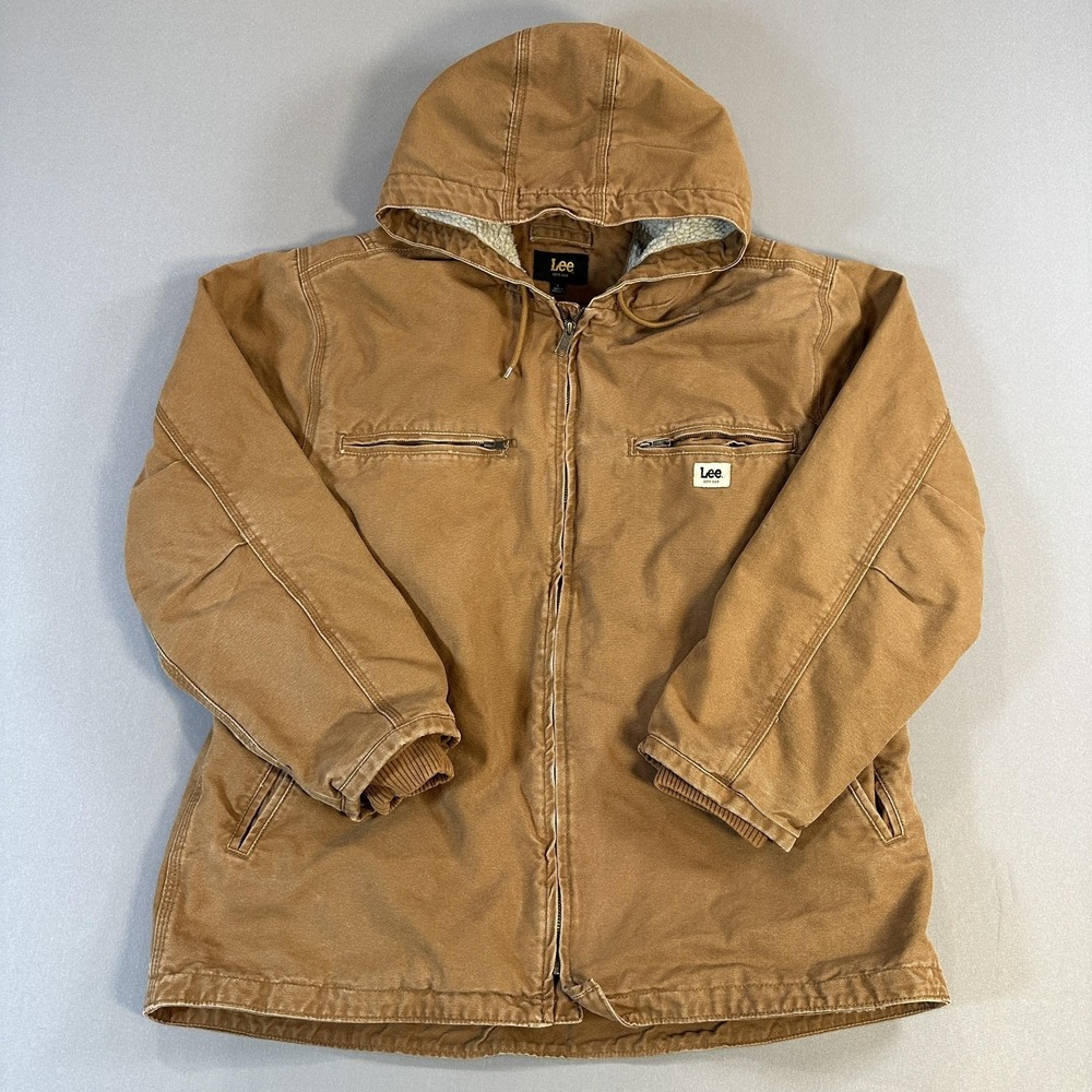 Lee Jacket Mens Large Brown Canvas Sherpa Lined Hooded Full Zip Parka Workwear